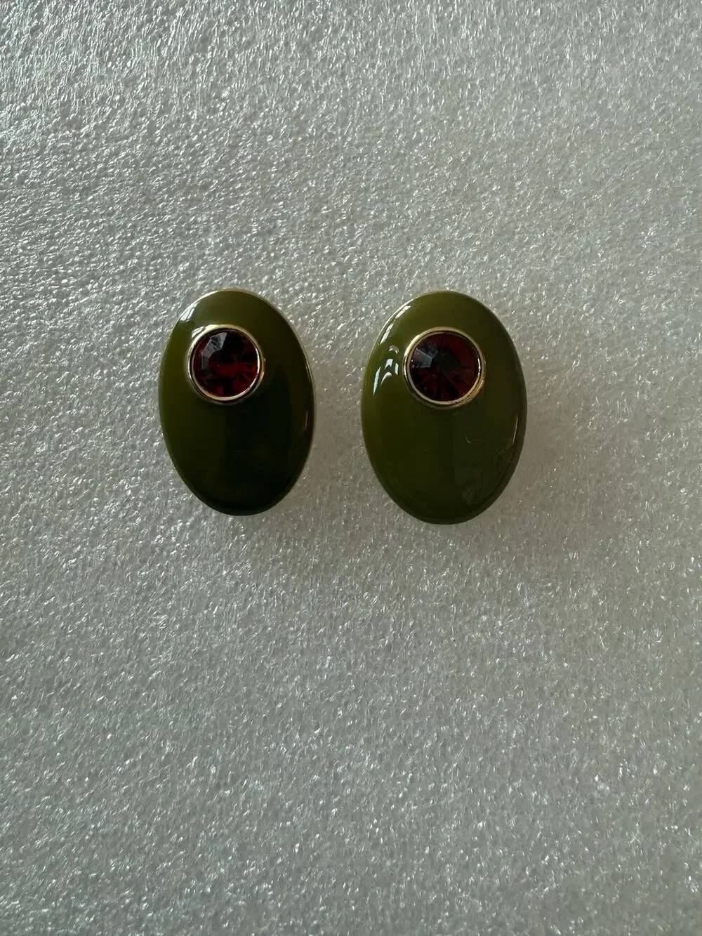 Olive Cocktail Novelty Green Red Gem Oval Pierced Earrings